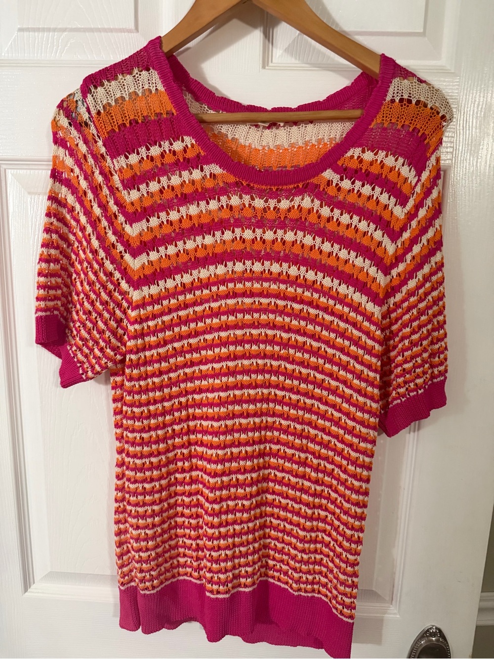 JODIFL- Women’s Pink Orange Striped Open-Knit shirt, Large- stretchy